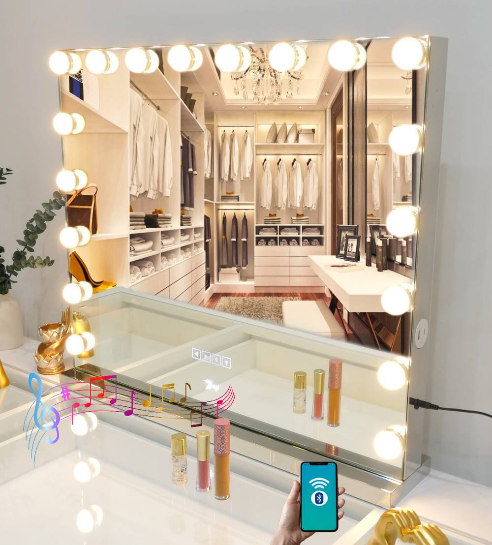 Seas Hollywood Vanity Makeup Chrome Mirror Led Lights Bluetooth Usb Ports - Wall Tabletop In Silver