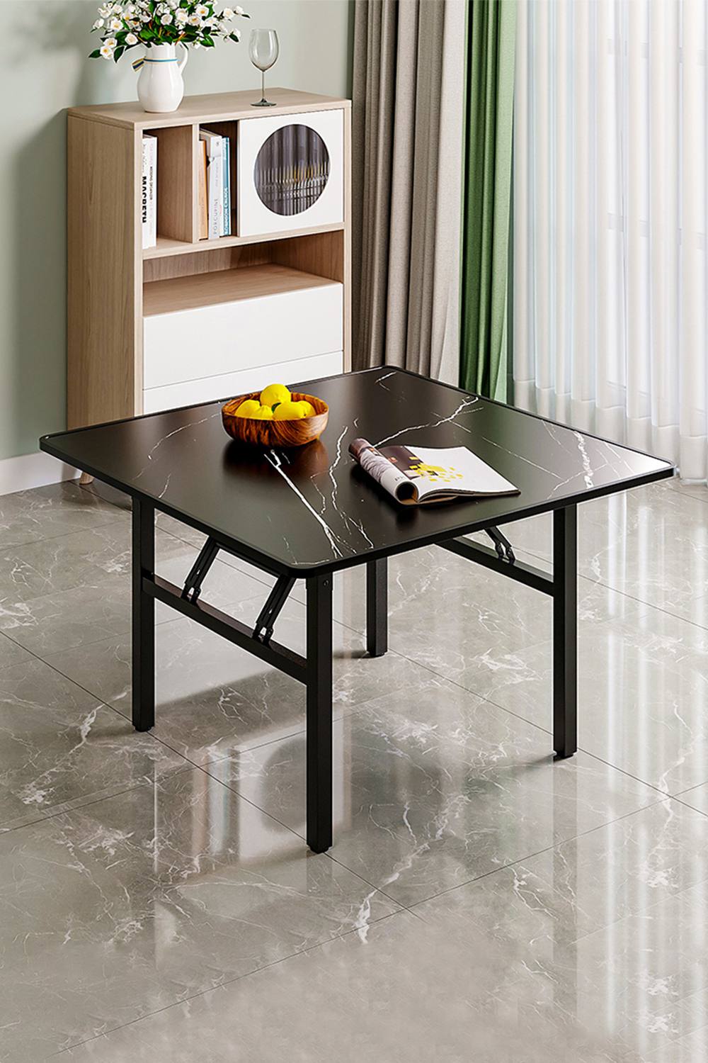 Living And Home Cm Square Foldable Coffee Table With Marble Effect Top Low Dining Table In Black