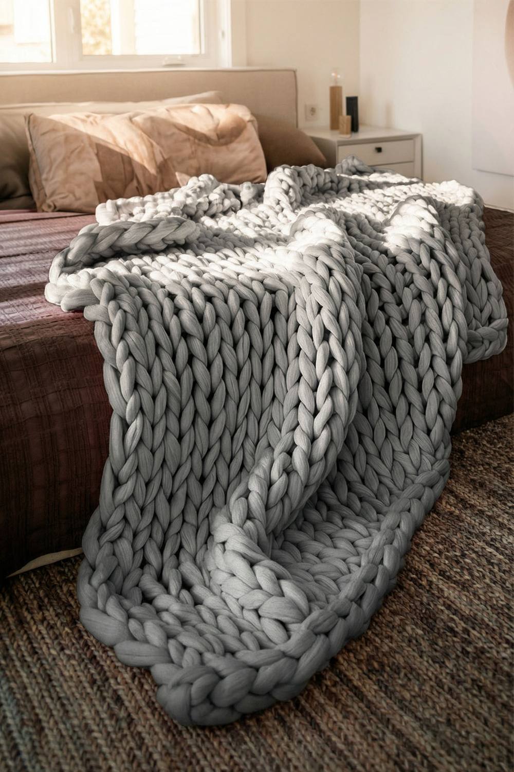 Living And Home XCm Chunky Cable Knit Blanket Thick Yarn Stretch Throw For Sofa, Bed & Chair In Grey