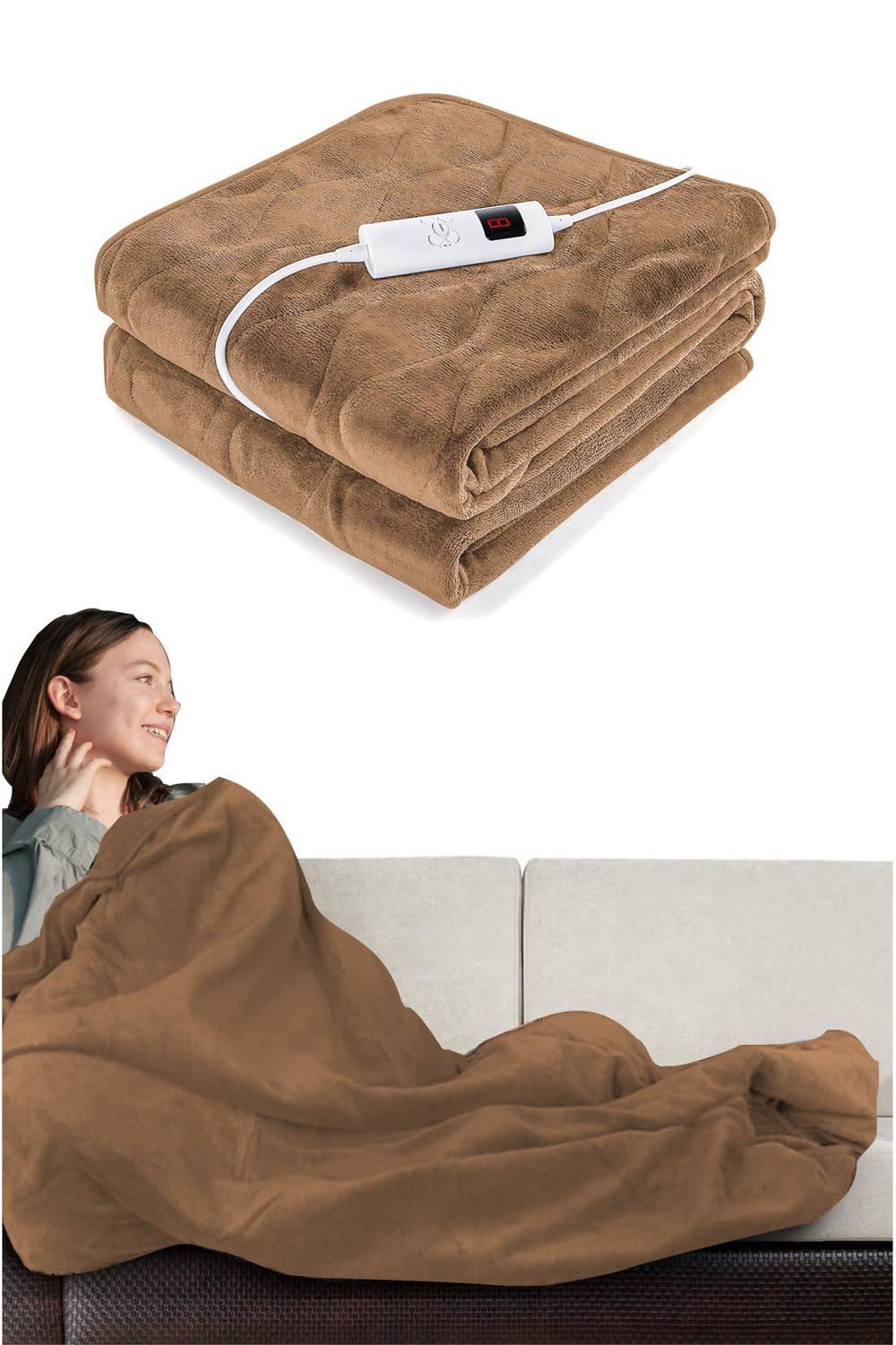Ezysleep Cosy Heated Over Throw Fleece Blanket With Adjustable Control In Natural