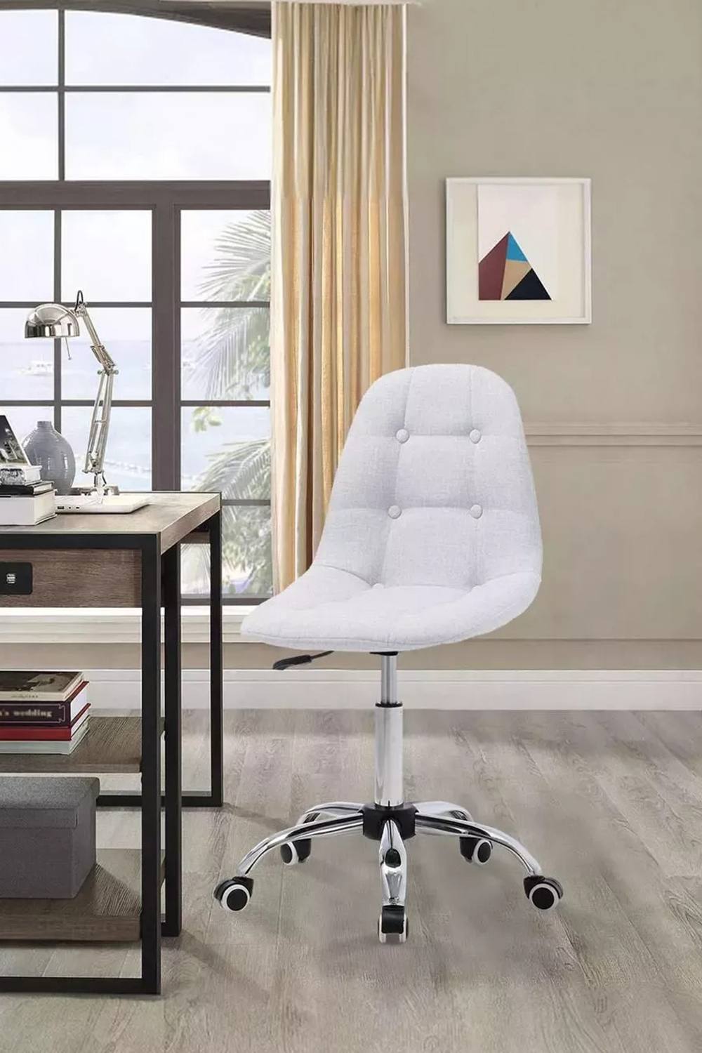 Living And Home Contemporary Linen Chrome Base Swivel Office Chair In White