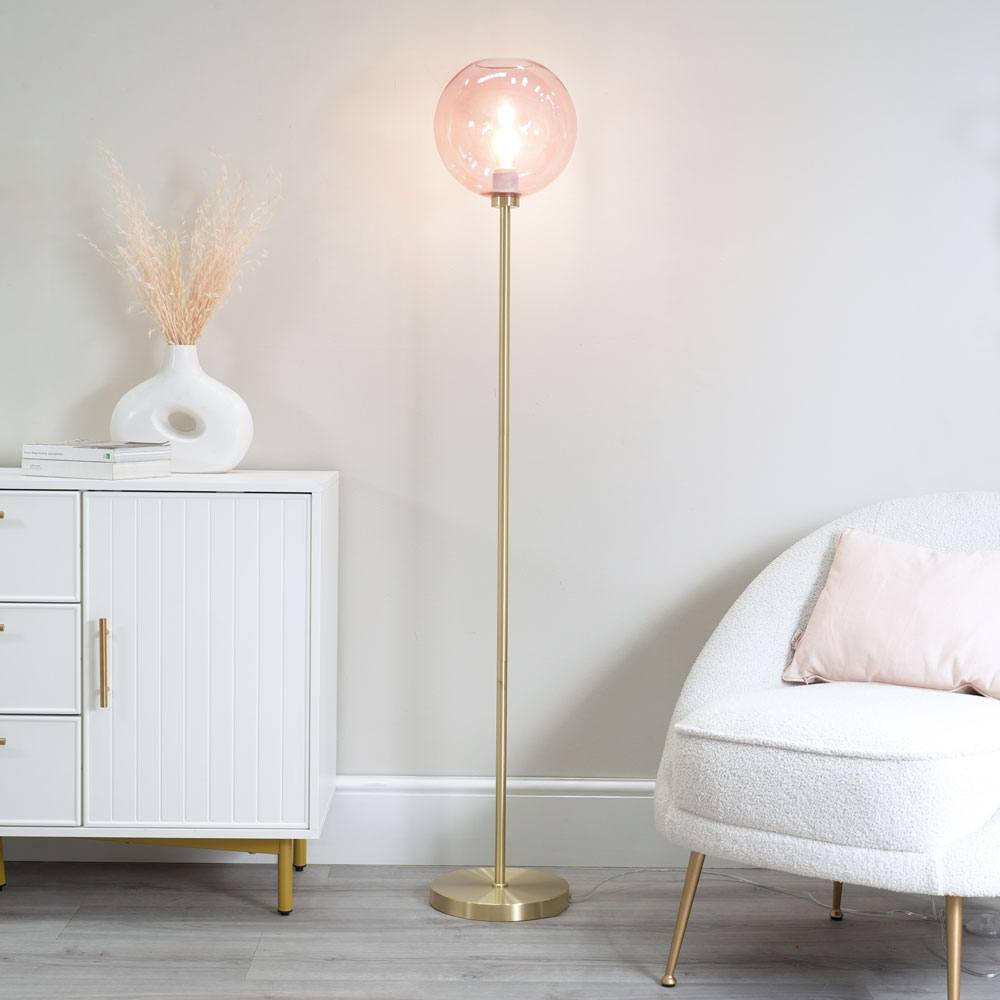 Valuelights Frenchie Pink Tinted Glass Globe Gold Stem Floor Lamp