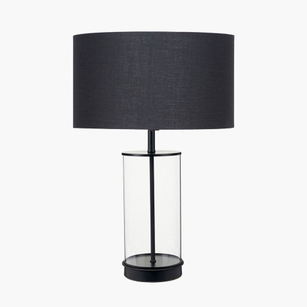 Ruma Glass Cylinder Table Lamp With Gold Detail And White Lampshade In Black