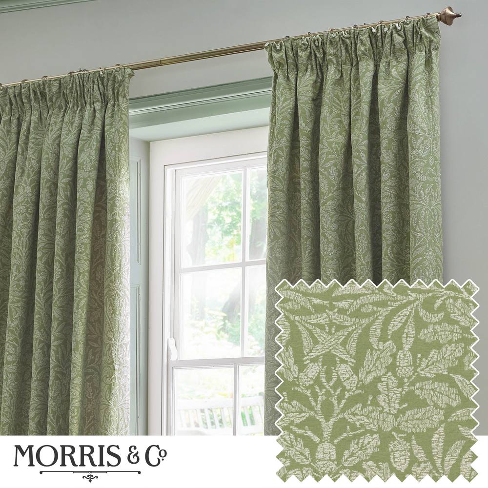 Morris & Co Acorn Tonal Matt Jacquard Room Darkening Pencil Pleat Curtains In Green