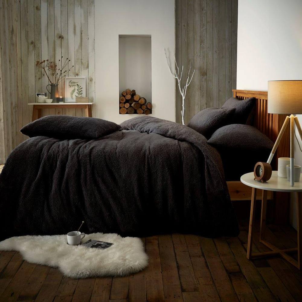 Smart Living Luxury Teddy Plain Duvet Cover And Pillowcase Set In Black