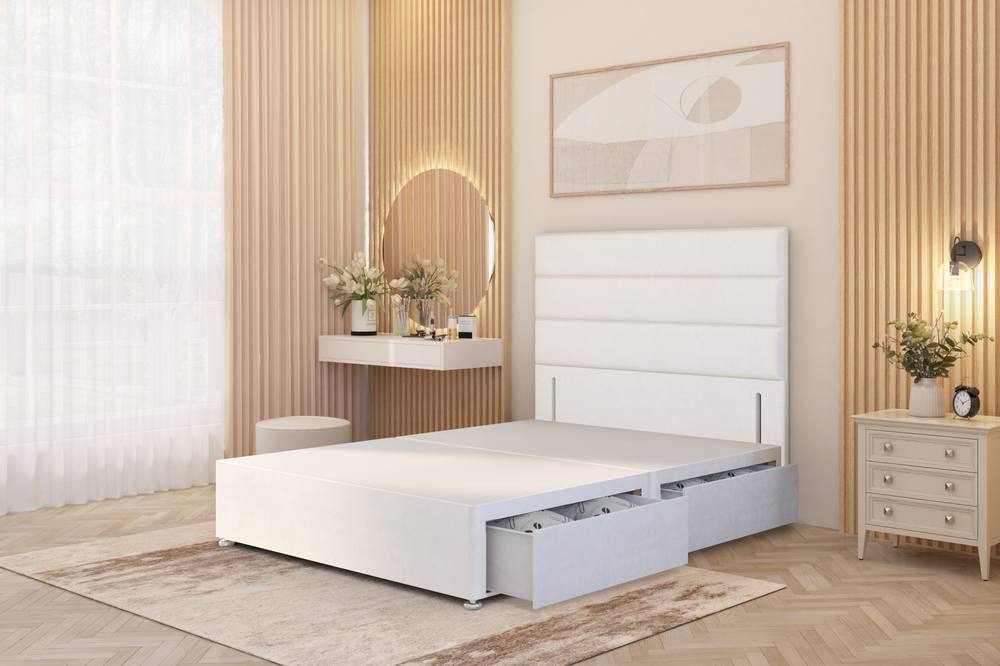 Somnior Chambery Divan Bed Frame Draw With Floor Standing Headboard Velvet In White