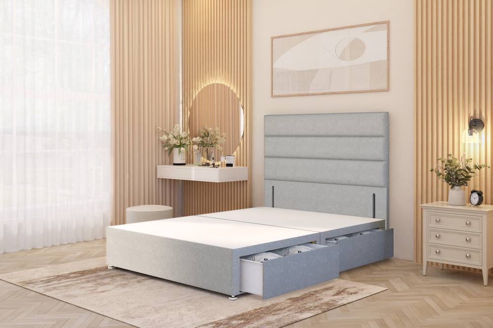 Somnior Chambery Divan Bed Frame Drawers With Floor Standing Headboard Linen In Light Grey