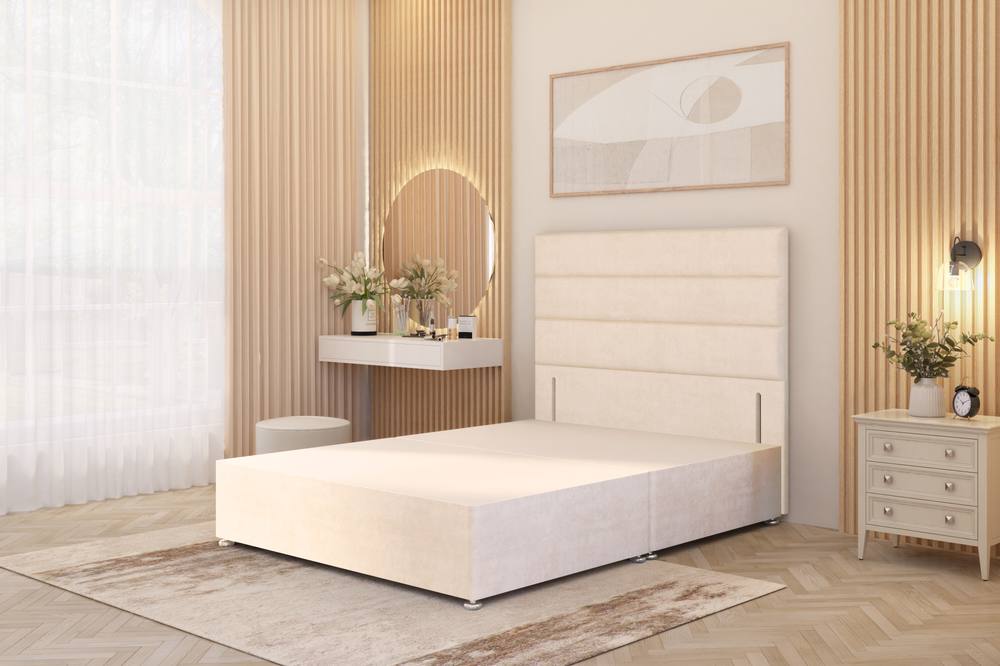 Somnior Chambery Divan Bed Frame With Floor Standing Headboard Plush Velvet In Ivory