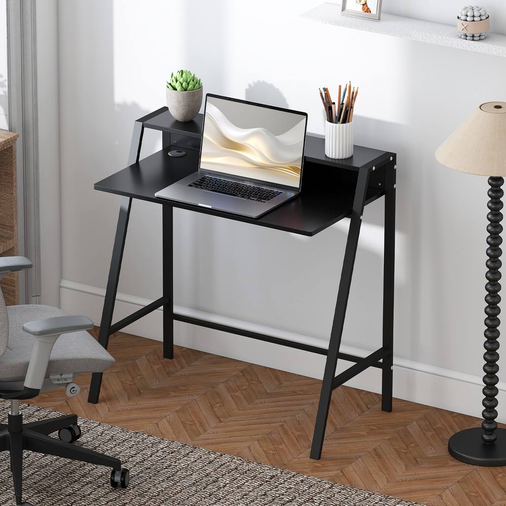 Homcom -Tier Storage Computer Workstation With Shelf, Metal Frame In Black