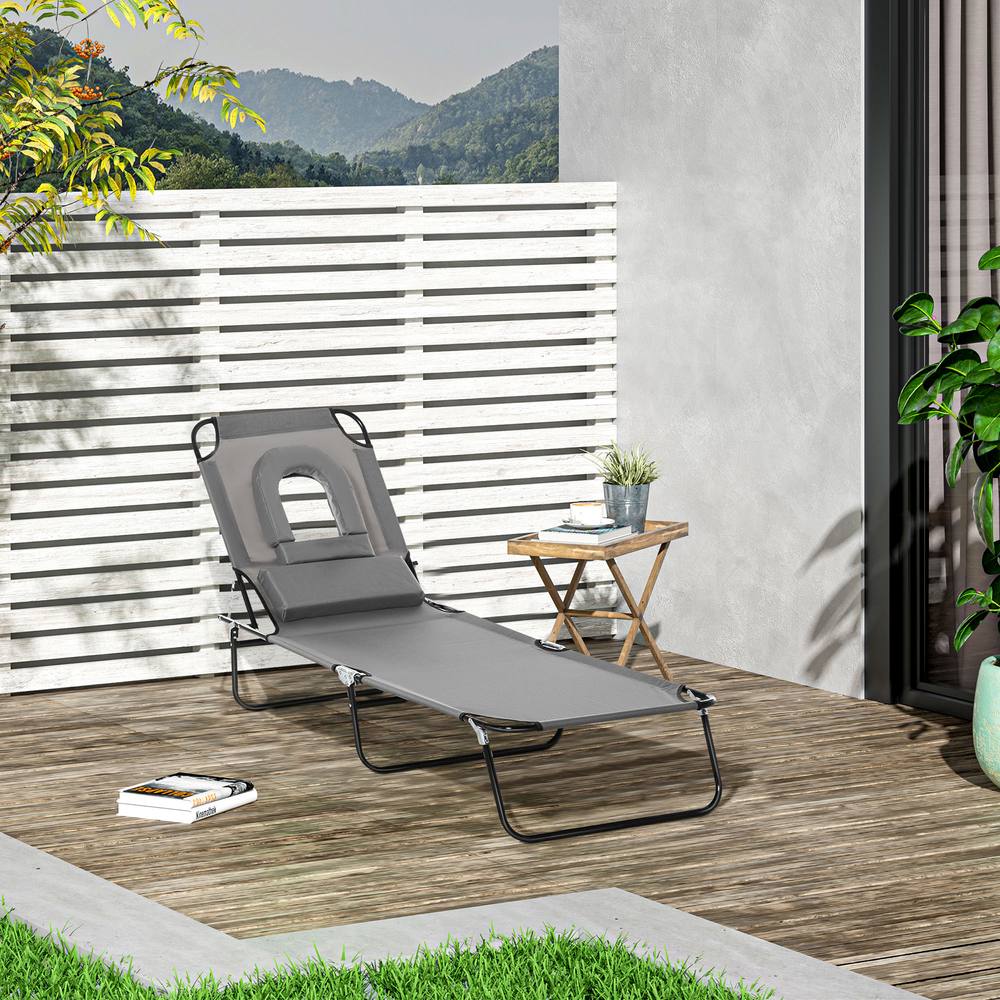 Outsunny Folding Sun Lounger Reclining Chair W Pillow Reading Hole In Grey
