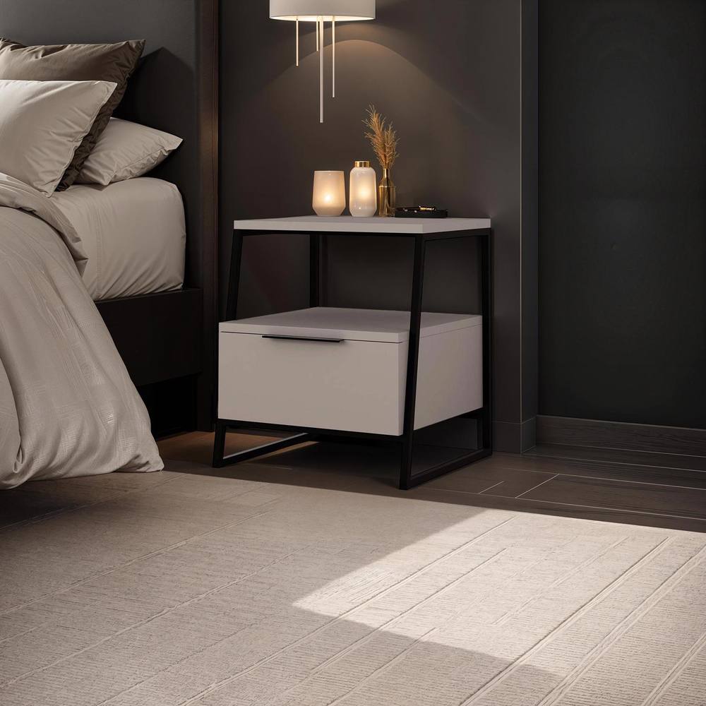 Fwstyle Grey Drawer Bedside Table Nightstand Black Metal