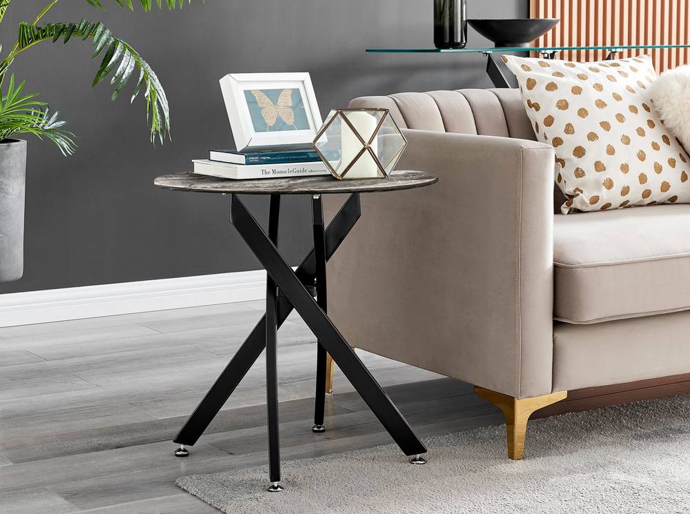 Furnitureboxuk Novara Round Marble Effect Glass Top Side Table With Black Metal Starburst Legs In Grey