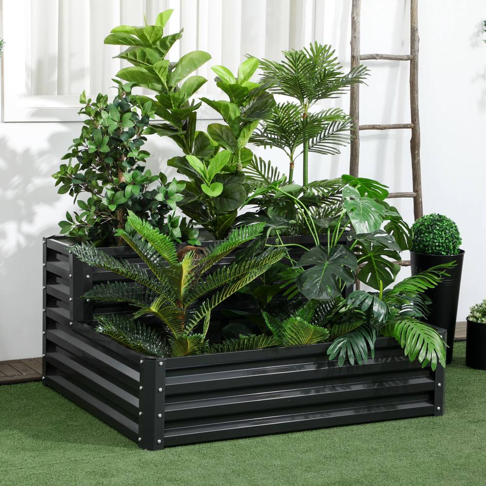 Outsunny Tier Galvanised Raised Garden Bed Planter Box Open Bottom In Dark Grey