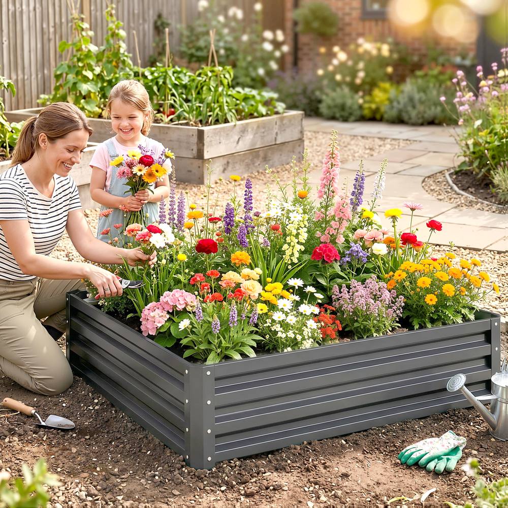 Outsunny Raised Garden Bed Metal Garden Flower Vegetable Planter In Light Grey