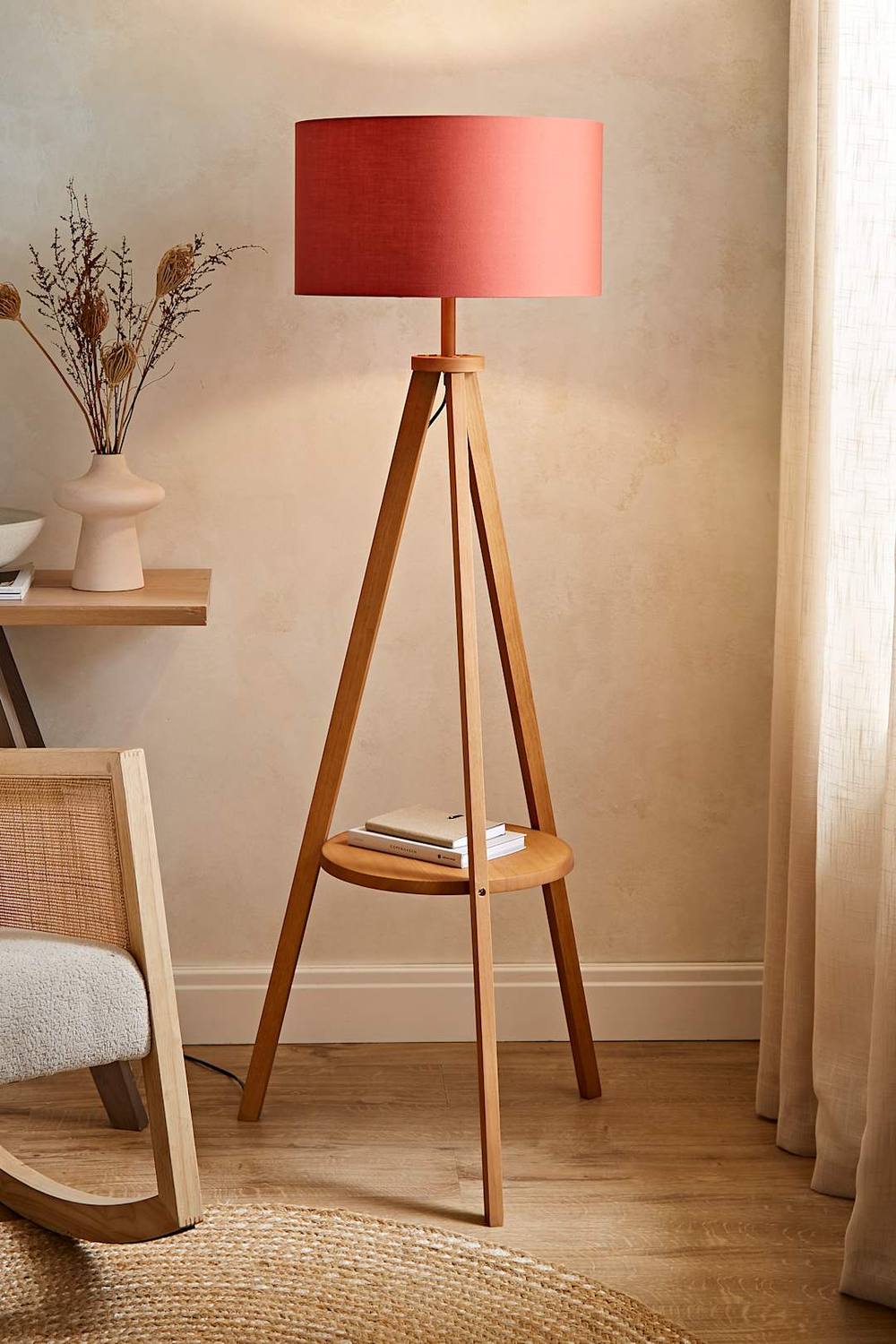 Valuelights Morrigan Rich Wood Tripod Floor Lamp With Drum Lamp Shade In Burnt Orange