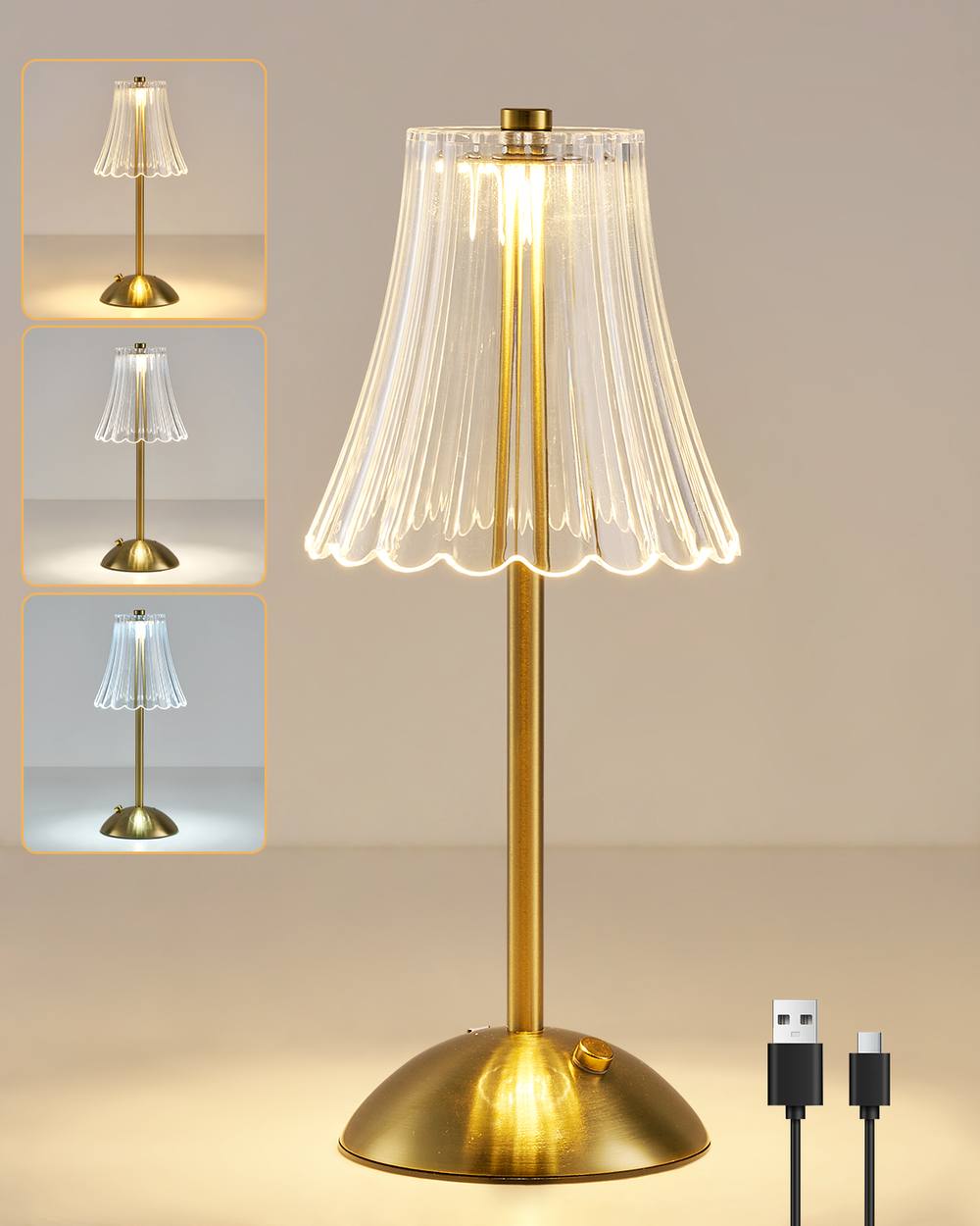 Harper Living Rechargeable Table Lamp, Bedside Reading Light Polished Gold Finish