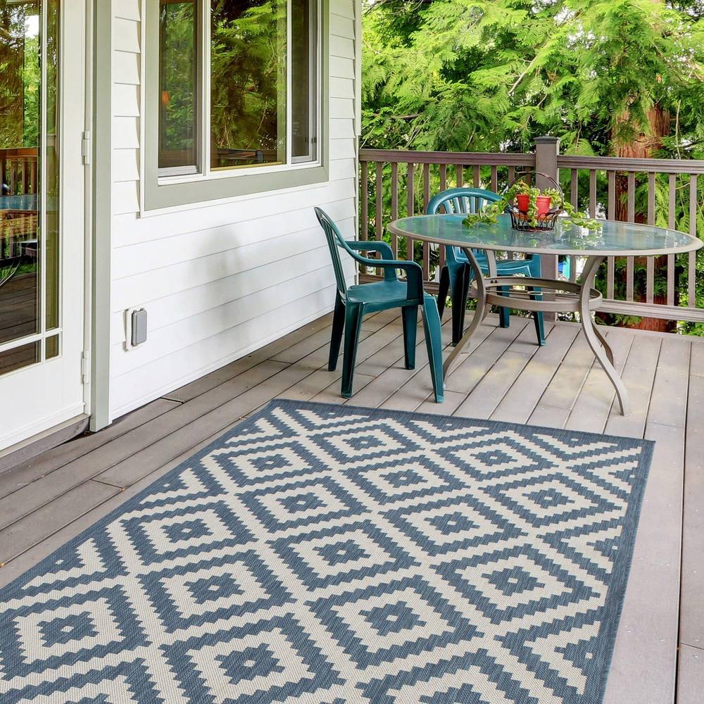 The Rugs Outdoor Indoor Geometric Diamond Rug Blue Ivory Weather Resistant