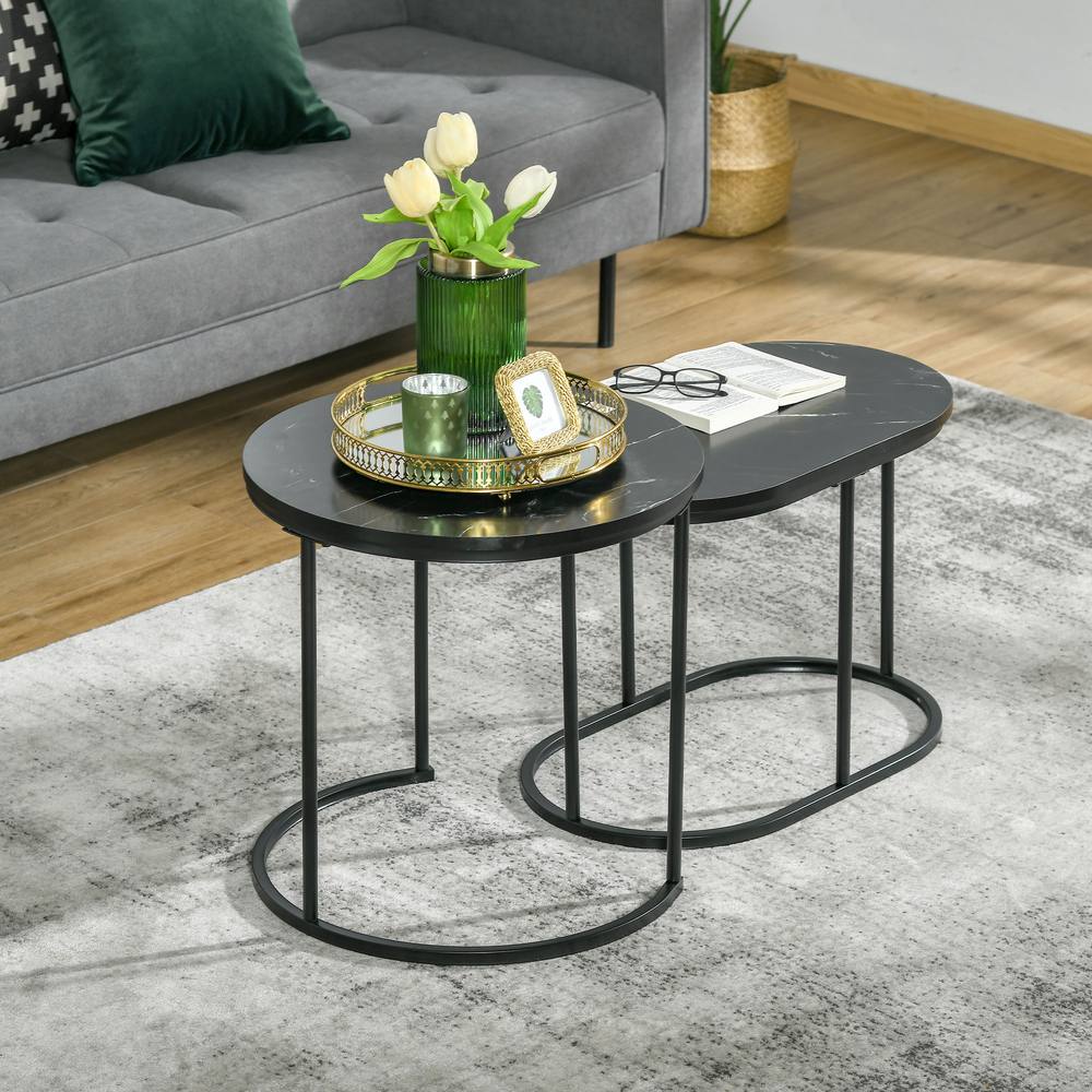 Homcom Pcs Modern Coffee Table With Faux Marble Side Accent Tables Black