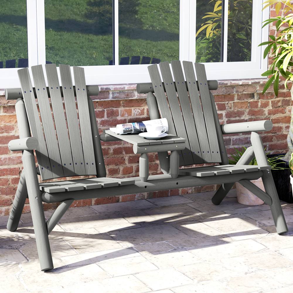 Outsunny Wood Patio Bench Seats W Centre Coffee Table, Grey