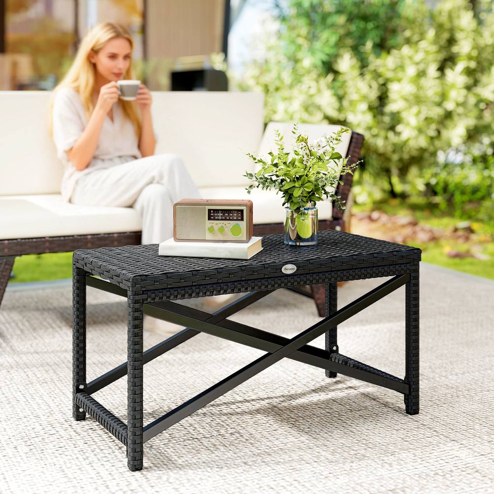 Outsunny Outdoor Coffee Table, Pe Rattan Side Table W Plastic Board, Black