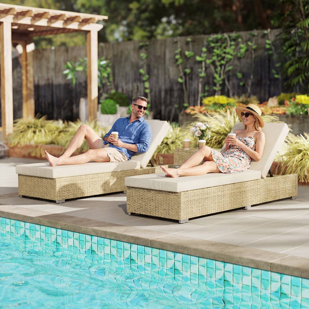 Outsunny Rattan Sun Loungers Set Of With Side Table, Beige
