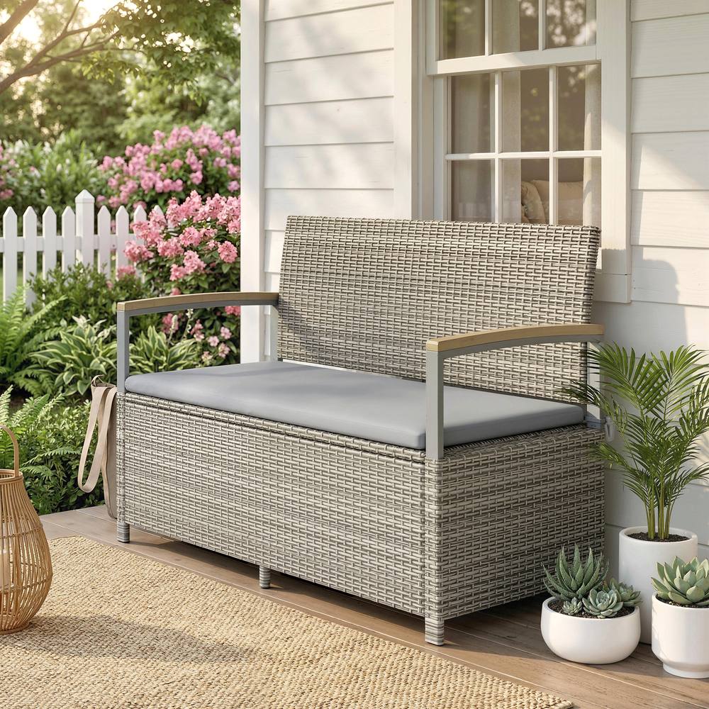 Outsunny L Rattan Garden Storage Bench With Cushion, Light Grey