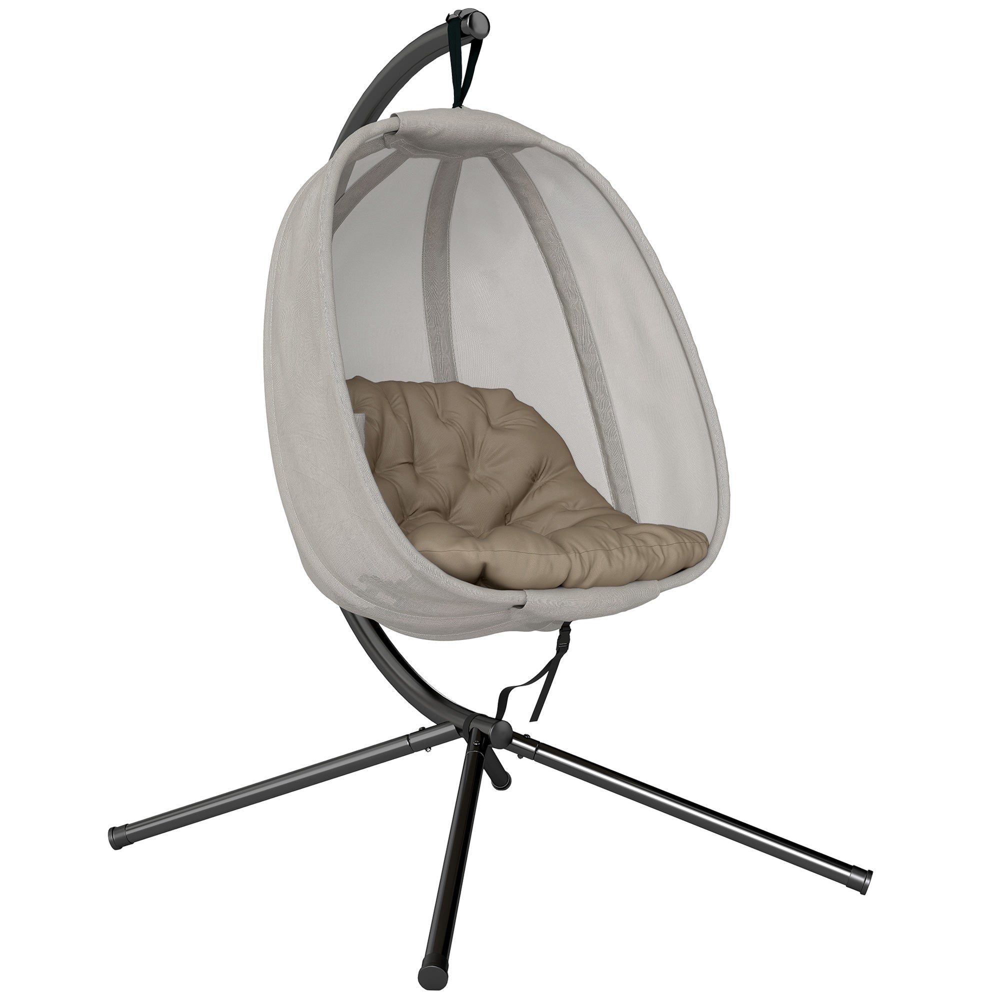 MCL Hanging Egg Chair, Folding Texteline Swing Hammock with Side Pocket, Cushion and Stand for Indoor Outdoor, Patio Garden Furniture, Khaki