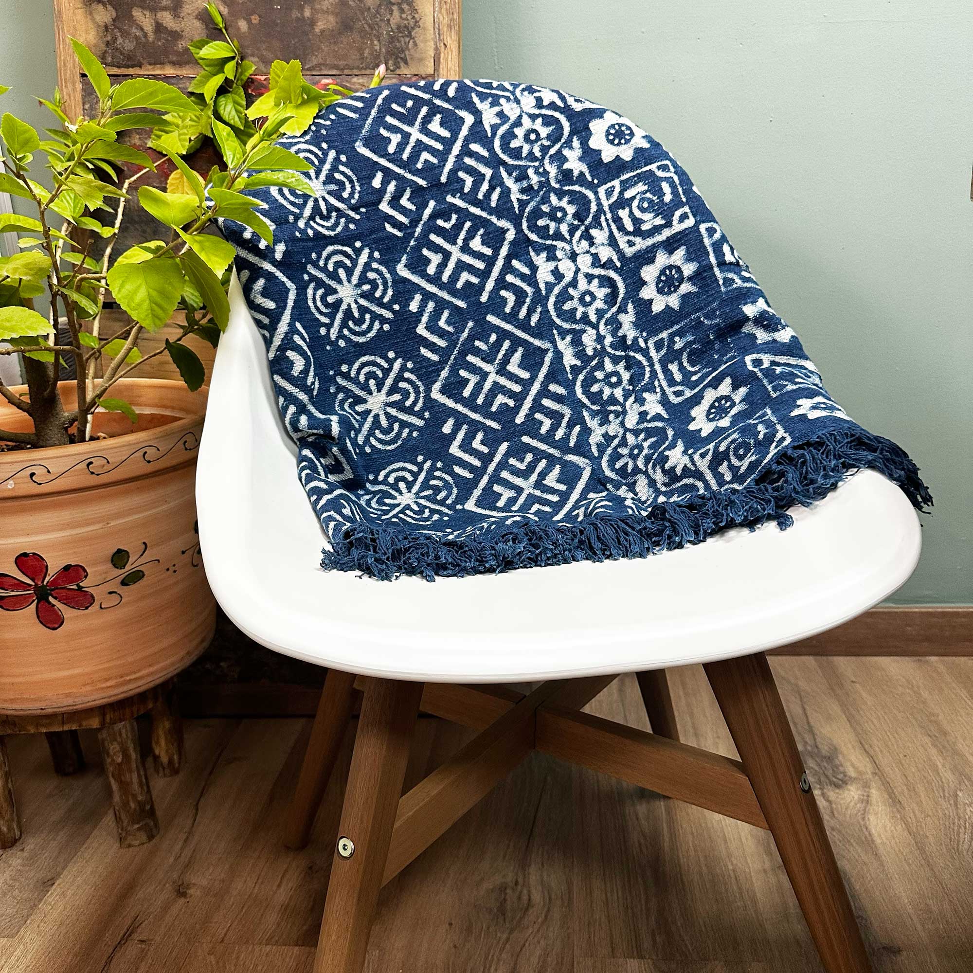 Throw Blanket, Boho Handmade Indigo Stripes x