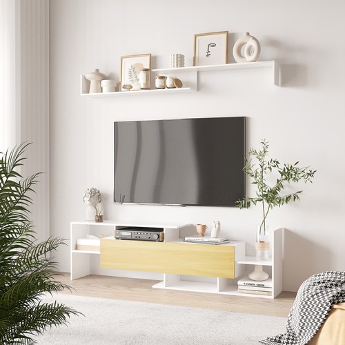 HOMCOM TV Cabinet Unit w Wall-Mounted Shelf, Open Shelves White and Natural