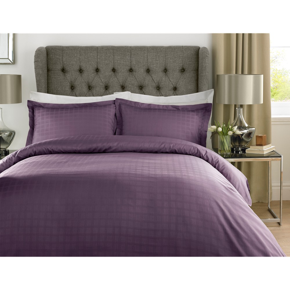 TC - % Cotton Satin Stripe Check Duvet Set Purple