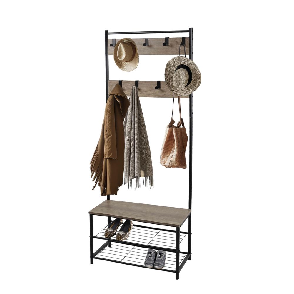 Coat Rack Stand with Shoe Storage Bench Hooks Rustic Light Brown Entrance Hall