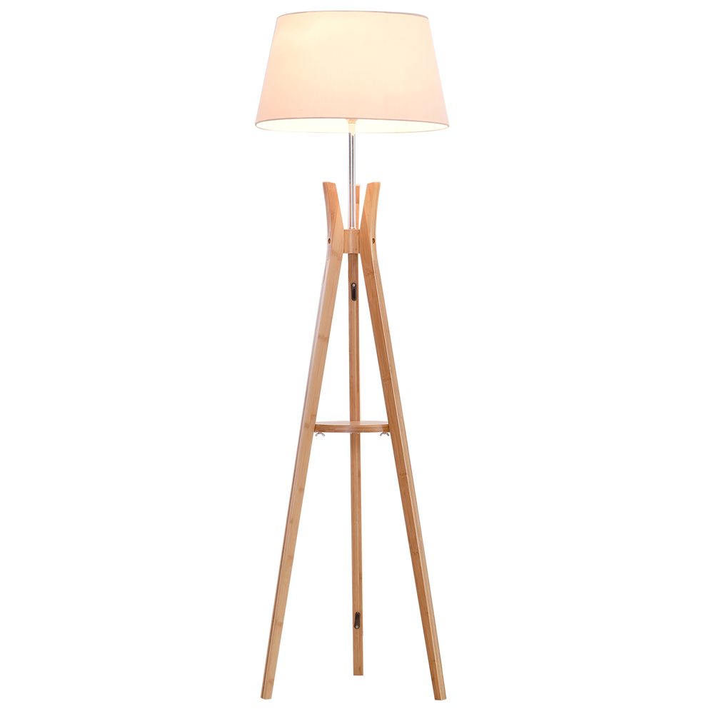 Premium Tripod Floor Lamp: Elegant E Light with Fabric Shade & Storage Shelf, White