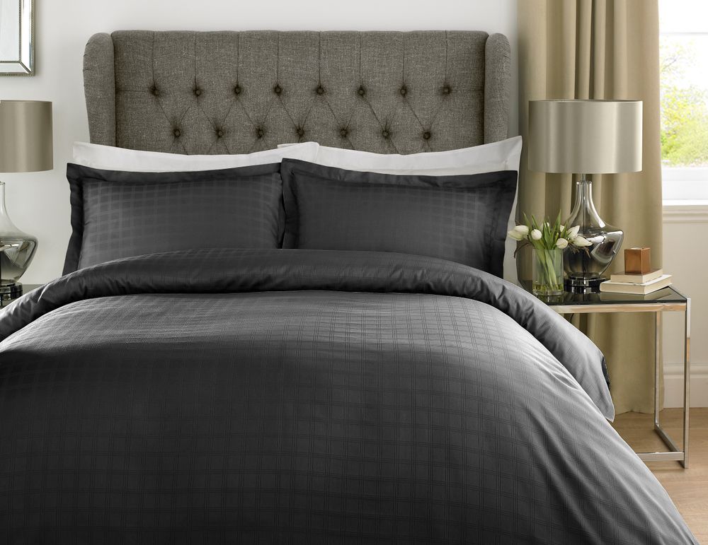 TC - % Cotton Satin Stripe Check Duvet Set Black