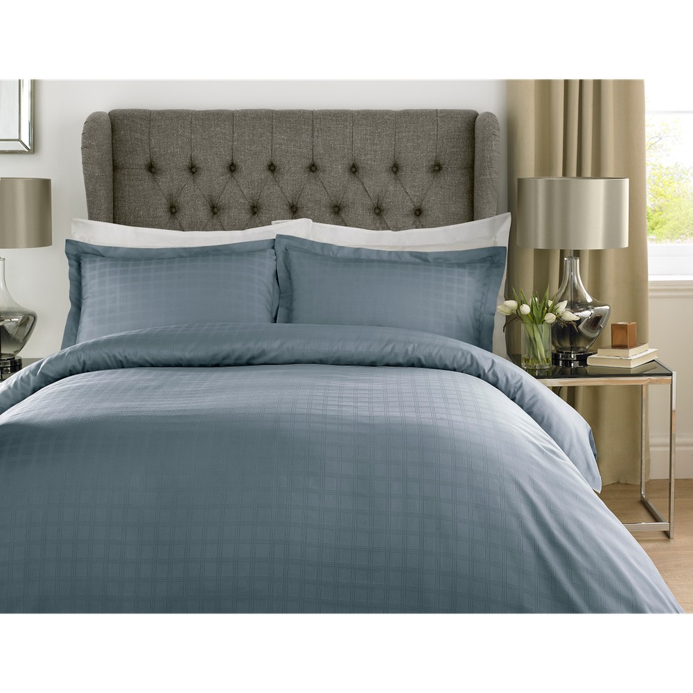 Luxury Smoky Blue Satin Stripe Check Duvet Set - Thread Count, % Cotton