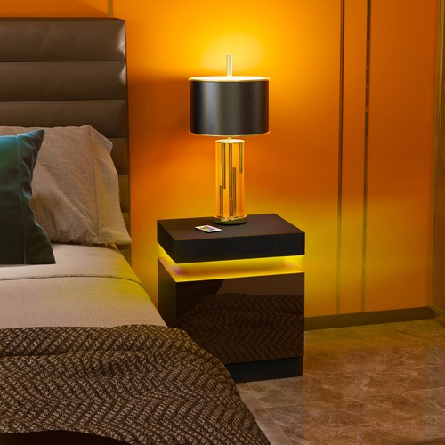 HOMCOM High Gloss Bedside Table with LED Light and Drawers, Black