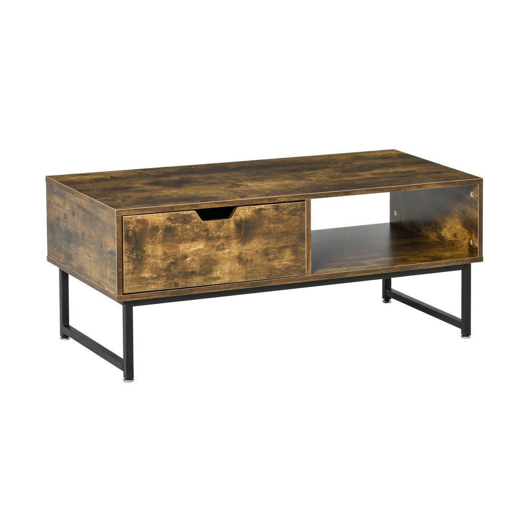 Coffee Table Wood Finish Metal Frame Sofa Table Drawer & Shelf Brown