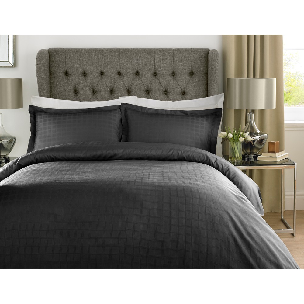 TC - % Cotton Satin Stripe Check Duvet Set Black