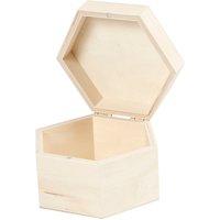 Hexagonal box of light wood with magnetic lock .