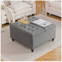 Square Linen Upholstered Storage Ottoman with Lift-Top & Flip Design, Grey