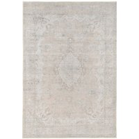 Neutral Beige Distressed Traditional Medallion Non Slip Washable Low Pile Rug
