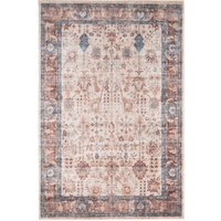 Blue Beige Traditional Floral Bordered Non Slip Washable Low Pile Rug