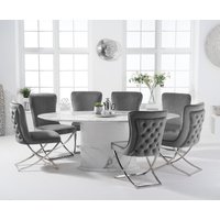 Colby White Oval Marble Dining Table with Grey Lorenzo Chairs
