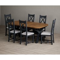 Extending Olympia Oak and Dark Blue Painted Dining Table with Brown Painted Chairs