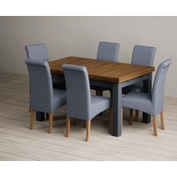 Extending Buxton Oak and Dark Blue Painted Dining Table with Natural Scroll Back Chairs