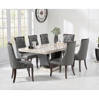 Novara Cream and Black Pedestal Marble Dining Table with Grey Francesca Chairs