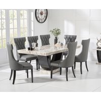 Novara Cream and Black Pedestal Marble Dining Table with Grey Sophia Chairs