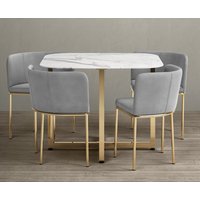 Rhodes White Marble Effect Ceramic Gold Leg Dining Table with Grey Rhodes Chairs