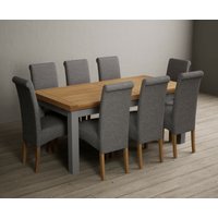 Extending Buxton Oak and Light Grey Painted Dining Table with Blue Scroll Back Chairs